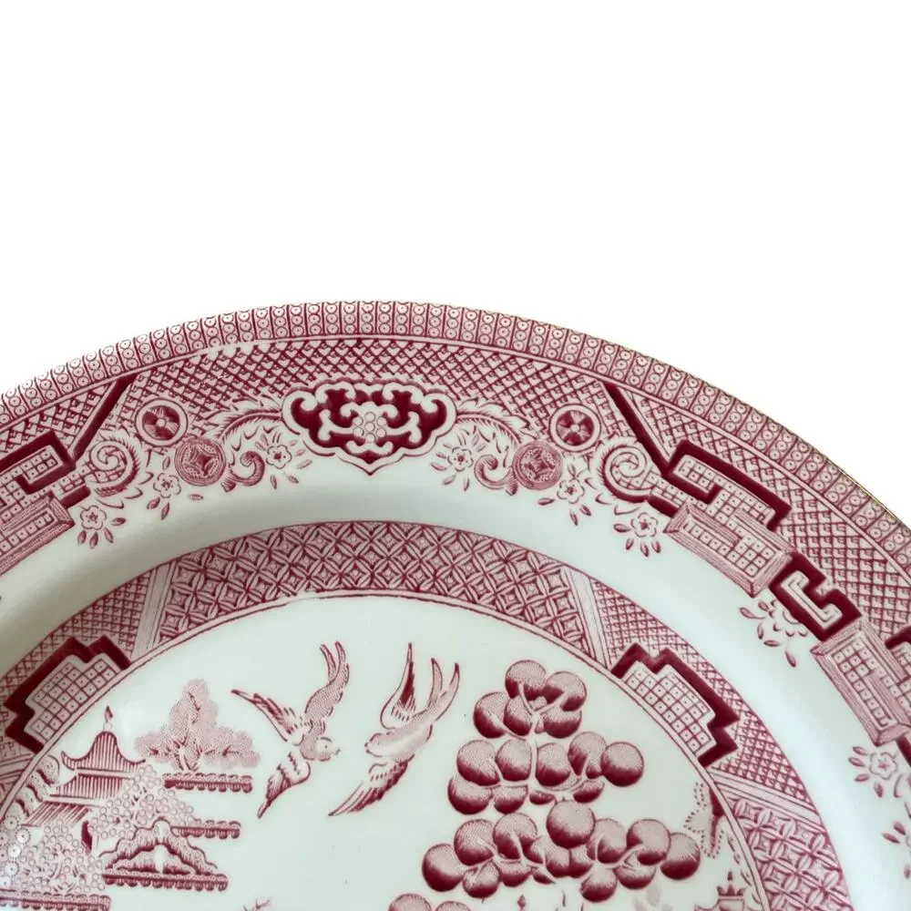 Queen's England WILLOW ROSA Porcelain Dinner Plates 10in Red White Set of 4 New